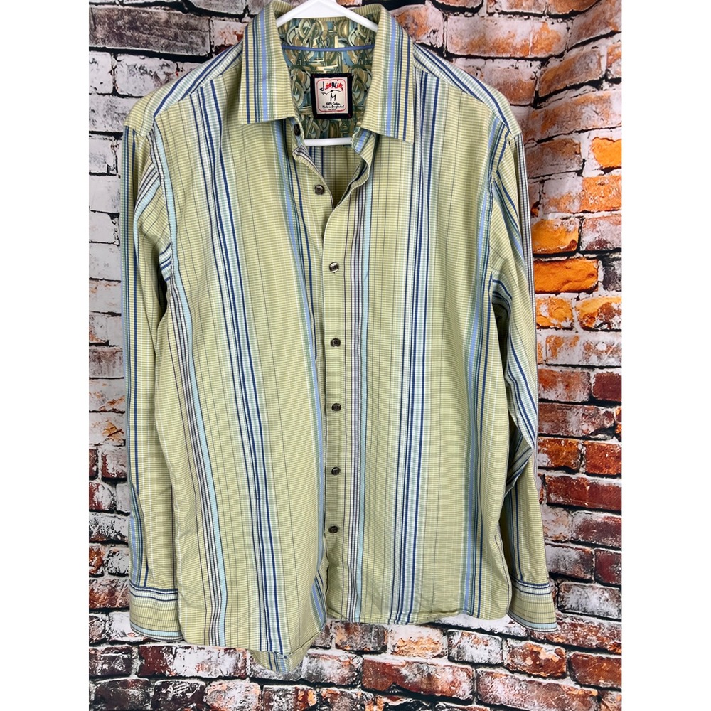 J Garcia Mens Medium‎ Long Sleeve Button Down Shirt Striped Green Blue Cotton